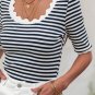 Black Striped Contrast Scallop Trim Half Sleeve T Shirt