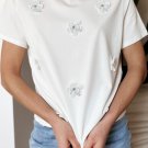 White Flower Applique Round Neck T Shirt