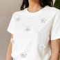 White Flower Applique Round Neck T Shirt
