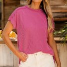 Rose Red Textured Knit Exposed Stitching T Shirt