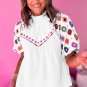 White Embroidered Smocked Neck Puff Sleeve Top