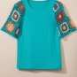 Turquoise Floral Crochet Short Sleeve Top