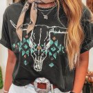 Grey Vintage Western Bull Head Skull Turquoise Aztec Graphic T Shirt