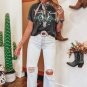 Grey Vintage Western Bull Head Skull Turquoise Aztec Graphic T Shirt