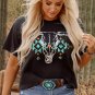 Grey Vintage Western Bull Head Skull Turquoise Aztec Graphic T Shirt