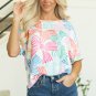 Multicolour Bowknot Printed Waffle Crewneck Loose Short Sleeve Top