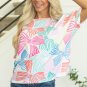 Multicolour Bowknot Printed Waffle Crewneck Loose Short Sleeve Top