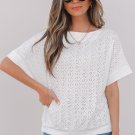 White Eyelet Pattern Boat Neck Casual Tee