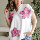 White Floral Applique Notched V Neck Dolman Sleeve Top