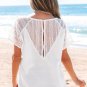 White Lace Crochet Textured Button Back V Neck T Shirt