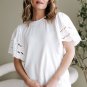 White Hollow Out Embroidered Short Sleeve O Neck Top