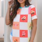 Orange Western Fashion Checker Print Crewneck T Shirt