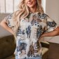 Khaki Western Cowboy Print Cuffed Sleeve Crewneck T Shirt