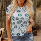 Sky Blue Western Turquoise Printed Crewneck Slim Fit Tee