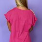 Rose Red Color Block Ruffled Crew Neck Loose Fit T Shirt