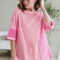 Pink Stripe Color Block Patchwork Loose Half Sleeve T Shirt