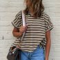 Brown Stripe Textured Side Slits Crew Neck T Shirt