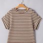 Brown Stripe Textured Side Slits Crew Neck T Shirt