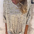Gray Leopard Print Half Sleeve V Neck Loose Fit T Shirt