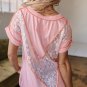 Light Pink Lace Patchwork Exposed Seam V Neck T Shirt