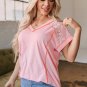 Light Pink Lace Patchwork Exposed Seam V Neck T Shirt