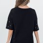 Black Pearl Beaded  Drop Shoulder Crewneck T Shirt