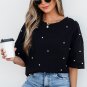 Black Pearl Beaded  Drop Shoulder Crewneck T Shirt