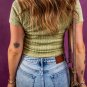 Spinach Green Textured Knit Slim Fit Notch V Neck T Shirt