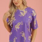 Purple Allover Tiger Printed Patch Pocket Loose T Shirt