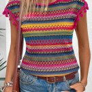 Rose Red Jacquard Textured Tasseled Cap Sleeve Top
