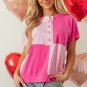 Pink Two Tone Half Buttons Collared T Shirt
