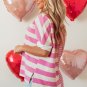 Pink Stripe Patchwork Textured Short Sleeve High Low Loose Top