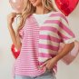Pink Stripe Patchwork Textured Short Sleeve High Low Loose Top