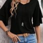 Black Solid Colour V Neck Double Layer Sleeve Loose T Shirt