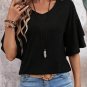 Black Solid Colour V Neck Double Layer Sleeve Loose T Shirt