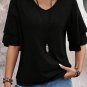 Black Solid Colour V Neck Double Layer Sleeve Loose T Shirt