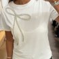 White Rhinestone Bow Embellished Round Neck Tee