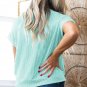 Light Blue Corded Knit Color Block Pocketed Crew Neck T Shirt