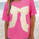 Strawberry Pink Contrasting Color Ribbon Tee with Slits