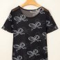 Black Bow Printed Mesh Short Sleeve Top