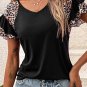 Black Leopard Print Patchwork Ruffled Sleeve V Neck T Shirt