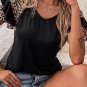 Black Leopard Print Patchwork Ruffled Sleeve V Neck T Shirt