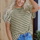 Green Stripe Textured Side Slits Crew Neck T Shirt