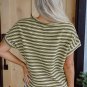Green Stripe Textured Side Slits Crew Neck T Shirt