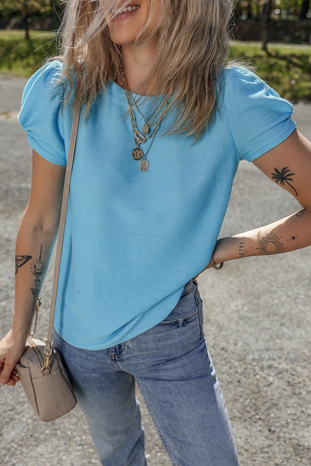 Light Blue Bubble Sleeve Solid Color Elegant T Shirt