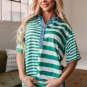 Green Stripe Colorblock Collar Half Buttons T Shirt