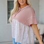 Pink Waffle Floral Patchwork Exposed Seam Detail Short Sleeve Top