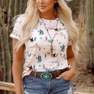 Beige Western Cactus Print Crew Neck Short Sleeve Top