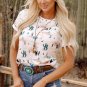 Beige Western Cactus Print Crew Neck Short Sleeve Top