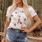 Beige Western Cactus Print Crew Neck Short Sleeve Top